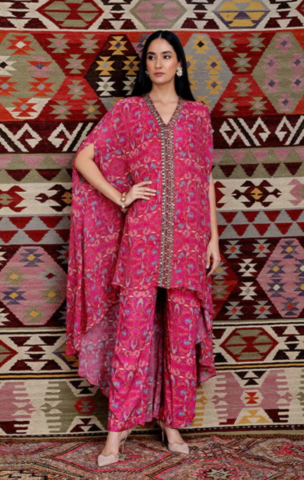 Fuchsia Botanical Floral Print High-Low Kaftan Set