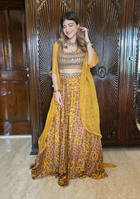 KHUSHNAZ IN MUSTARD PRINTED LEHENGA SET