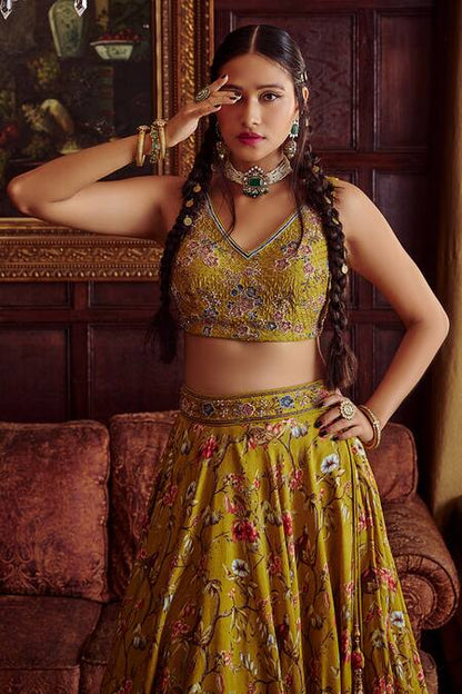 Yellow Viscose Silk Hand Painted Nazira Print Bridal Lehenga Set