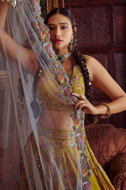 Yellow Viscose Silk Hand Painted Nazira Print Bridal Lehenga Set