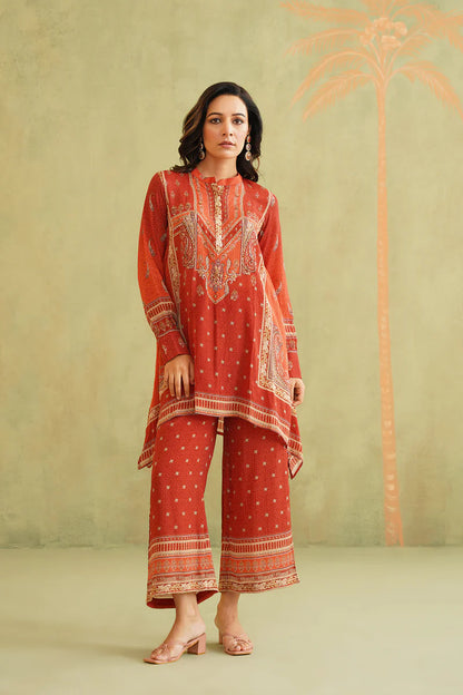 TERRACOTTA HAND EMBROIDERED CREPE MATCHING SET