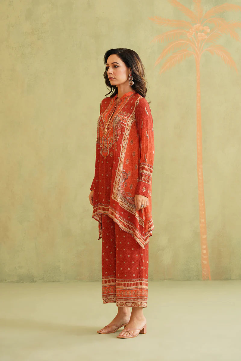 TERRACOTTA HAND EMBROIDERED CREPE MATCHING SET