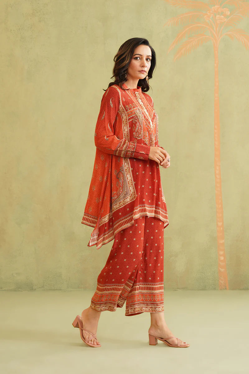 TERRACOTTA HAND EMBROIDERED CREPE MATCHING SET