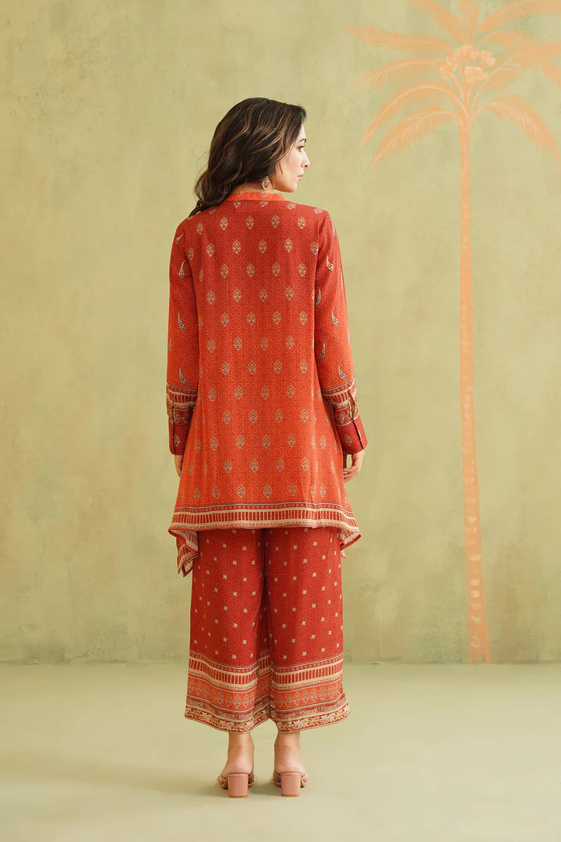 TERRACOTTA HAND EMBROIDERED CREPE MATCHING SET