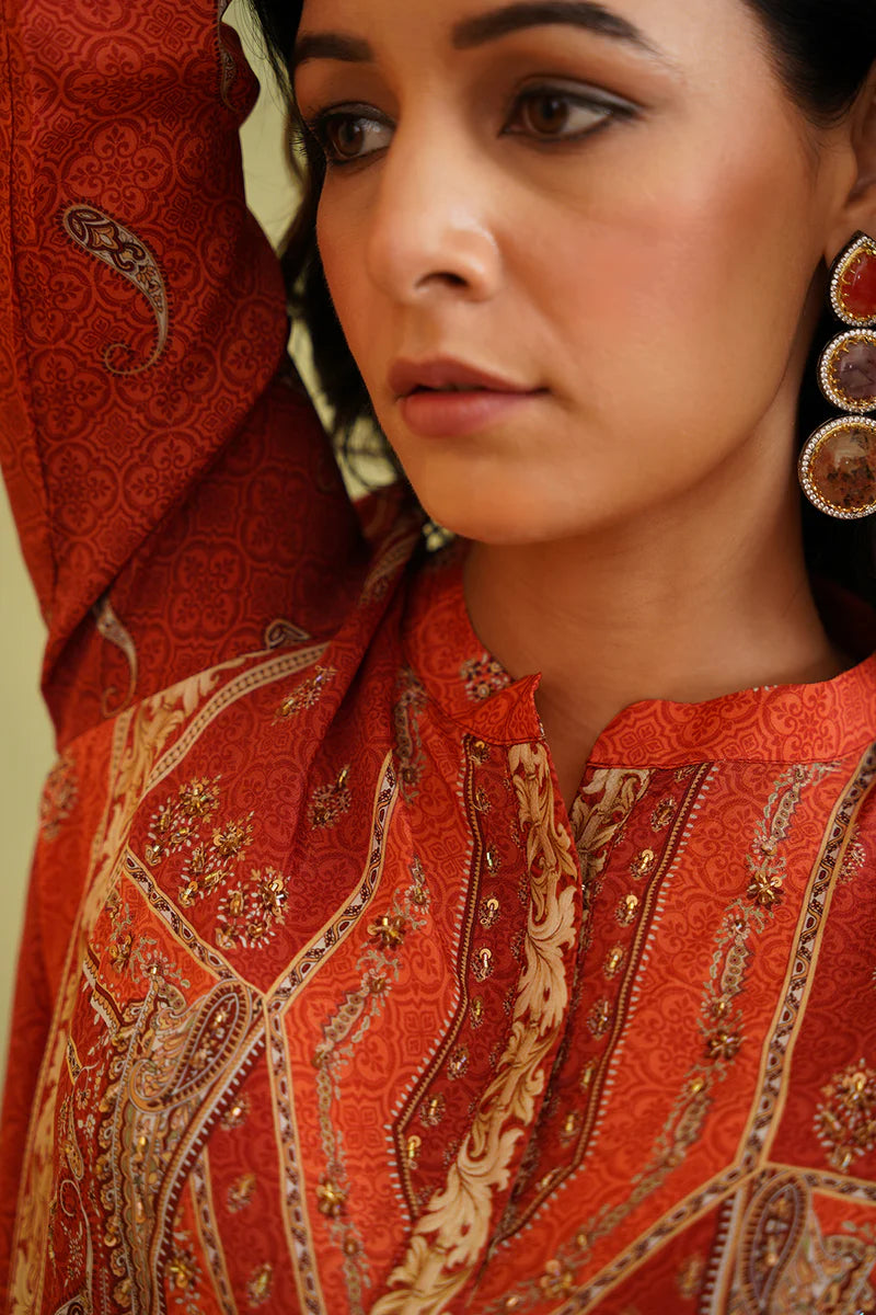 TERRACOTTA HAND EMBROIDERED CREPE MATCHING SET