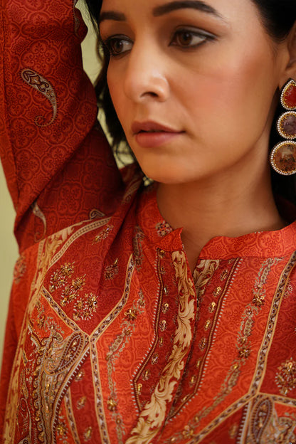 TERRACOTTA HAND EMBROIDERED CREPE MATCHING SET
