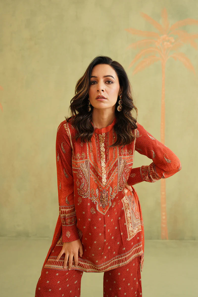 TERRACOTTA HAND EMBROIDERED CREPE MATCHING SET