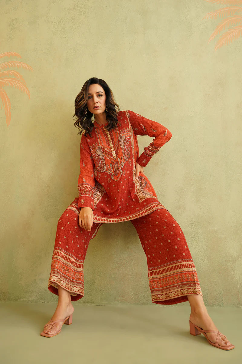 TERRACOTTA HAND EMBROIDERED CREPE MATCHING SET