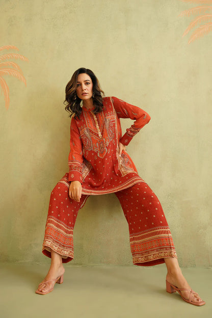 TERRACOTTA HAND EMBROIDERED CREPE MATCHING SET