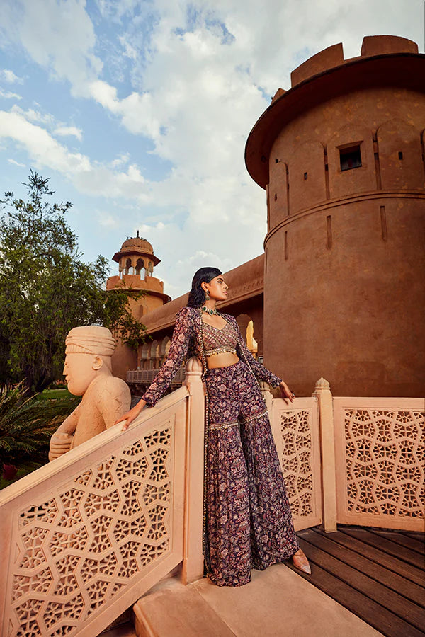 Retro Love Purple Embellished Printed Jacket & Sharara Set