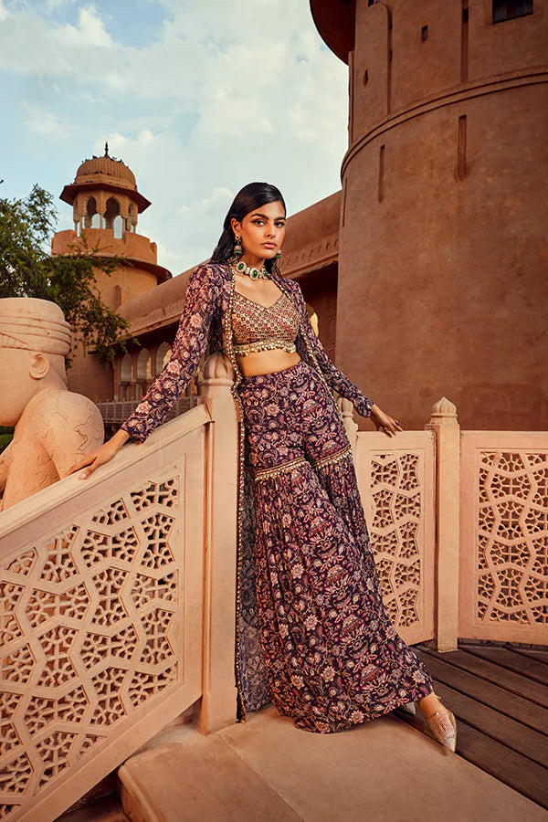 RETRO LOVE PURPLE EMBELLISHED PRINTED JACKET & SHARARA SET