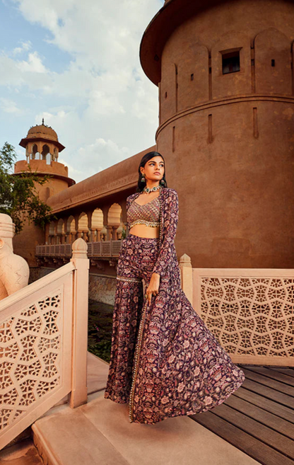 Retro Love Purple Embellished Printed Jacket & Sharara Set