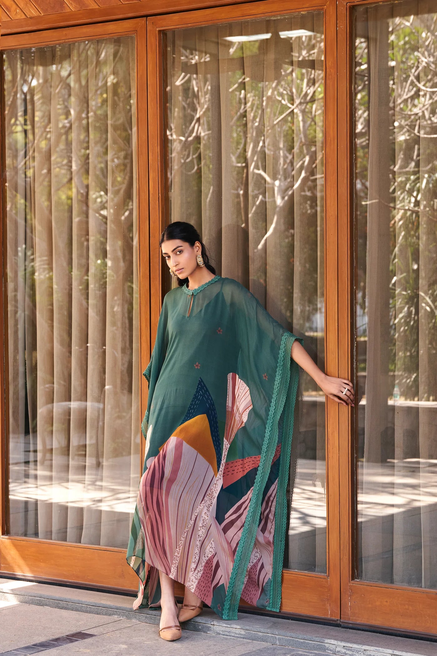 Sage Green Abstract Print Long Kaftan